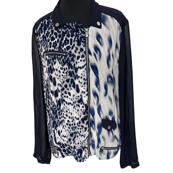 Chico’s Black Label Women's Sz 1 US 8 M Sheer Animal Full Zip Blouse Top Navy - Picture 1 of 8
